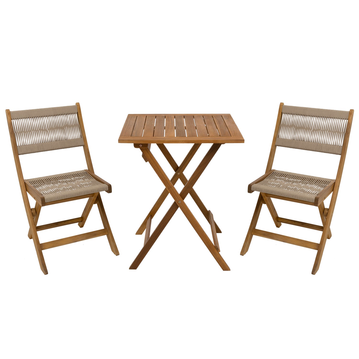 VESTIAMO CASA GIARDINO - Set giardino tavolo pieghevole 60x55 cm e 2 sedie pieghevoli in legno con seduta in corda di poliestere intrecciata